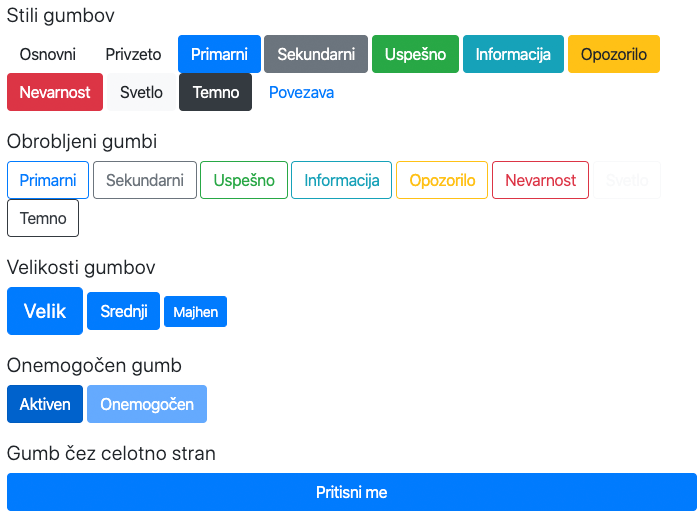 Različne lastnosti Bootstrap gumbov