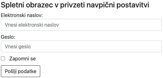 Spletni obrazec v privzeti navpični postavitvi