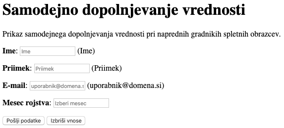 Samodejno dopolnjevanje vrednosti pri vnosnih poljih