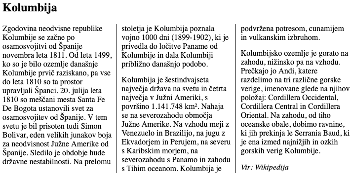 Postavitev besedila v več stolpcev