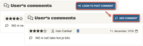 Različni stanji gumba za dodajanje komentarja, ki sta odvisni od tega, ali je uporabnik prijavljen ali ne