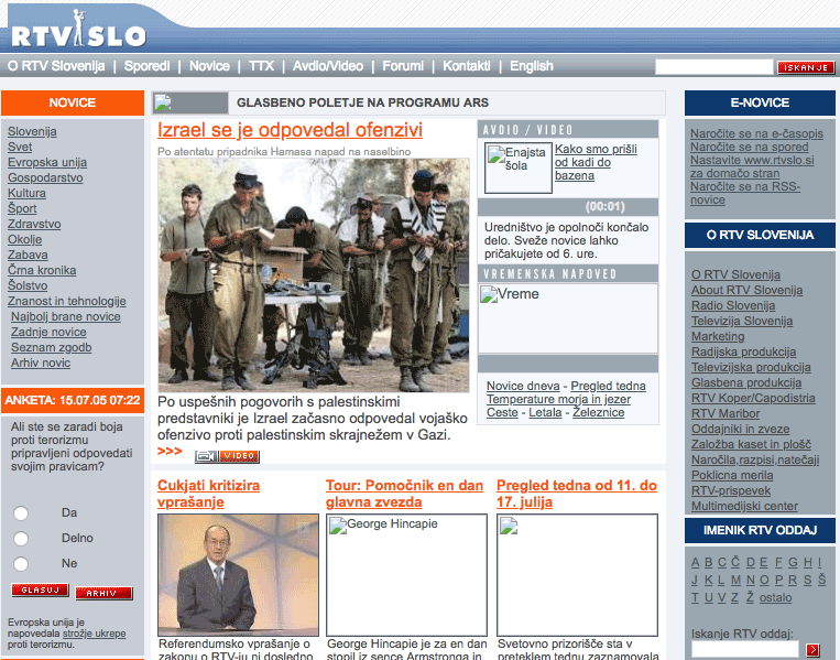 Izgled spletne strani RTV Slovenija na dan **18. 7. 2005**