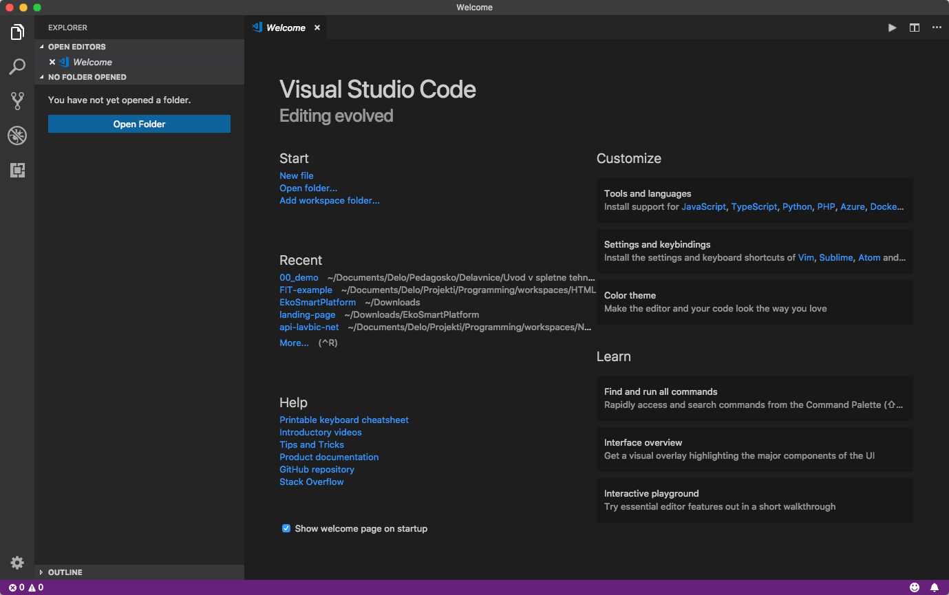 Uporabniški vmesnik programa Microsoft Visual Studio Code