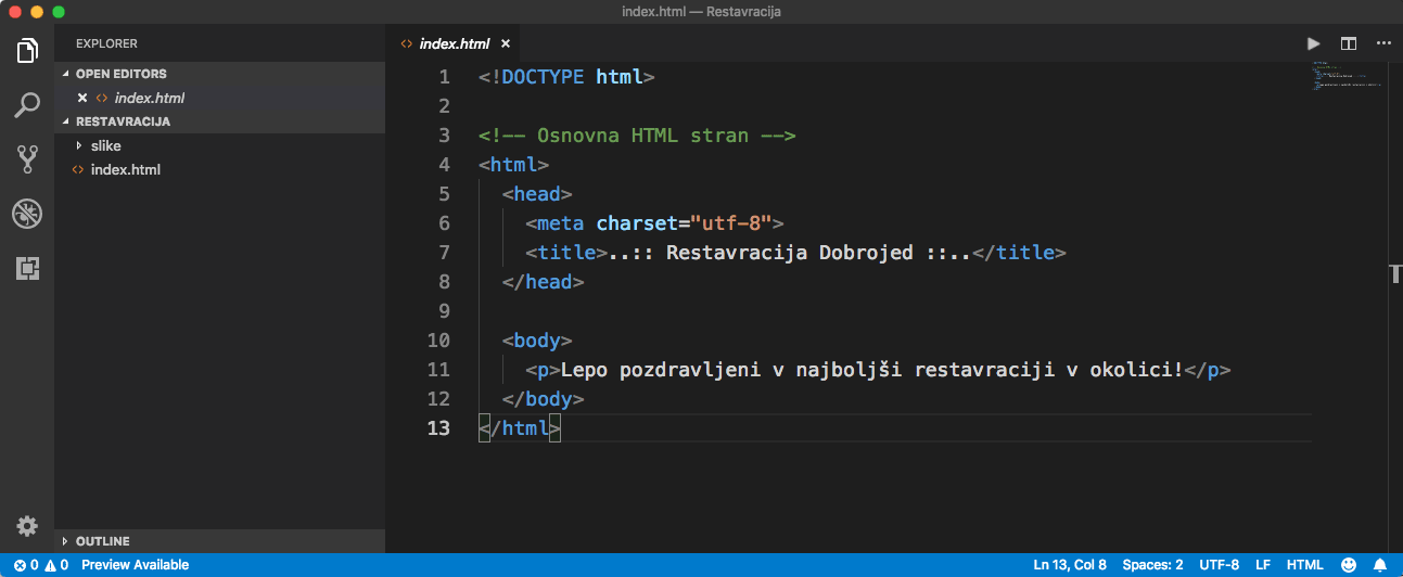 Začetno stanje projekta v orodju Microsoft Visual Studio Code